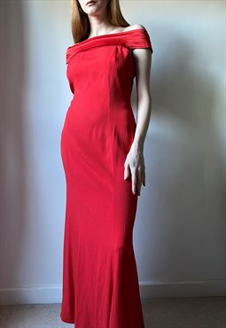 Red 90s Off Shoulder Evening Prom Dress Size M