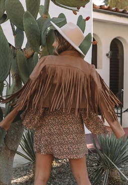 justyouroutfit Faux Leather Fringe Cropped Jacket in Tan 
