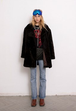 Vintage 90s Faux Fur Coat Brown Long Teddy Jacket 