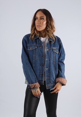 VINTAGE DENIM JACKET PATTERNED PRINT LINED UK S 10 (GJ2X)