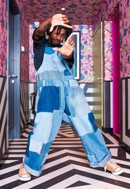 Just Harry Oversized Patchwork Dungarees In Reworked Denim 