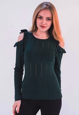 Frill Cold Shoulder Top With Long Sleeves in Green