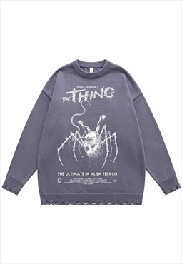 Spider sweater creepy knit distressed horror jumper in grey