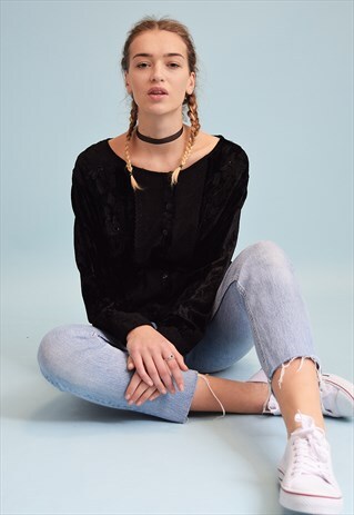 80'S RETRO VELVET FLORAL EMBROIDERY MOMS BLOUSE TOP