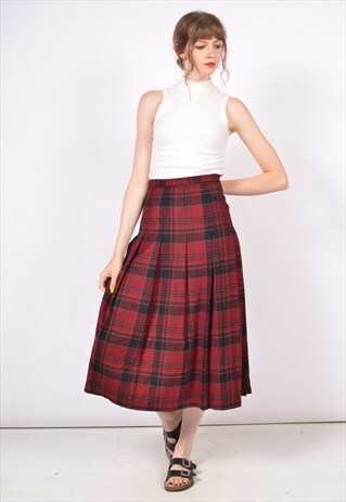 VINTAGE 90'S PENDLETON CHECK TARTAN MIDI PLEATED SKIRT RED
