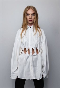 Cut out shirt long sleeve geometric hole top mesh blouse