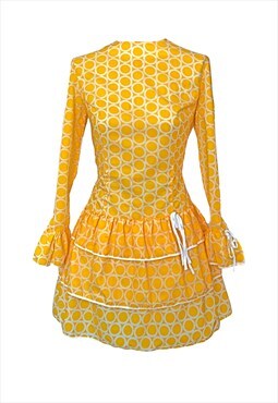 1960's Vintage Yellow Circle, Spotted, Tiered Mini Dress 8