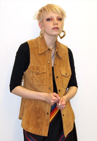 90S VINTAGE FESTIVAL BOHO CAMEL WAISTCOAT JACKET SUEDE