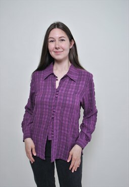 Y2k plaid blouse, 00s purple casual cotton button down shirt