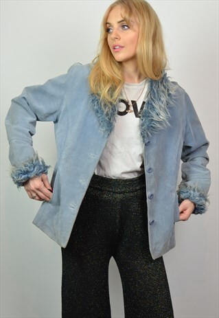 VINTAGE 90S Y2K LIGHT BLUE SUEDE & FAUX FUR COLLAR JACKET