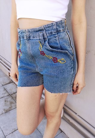 VINTAGE 90S FESTIVAL DENIM EMBROIDERED SHORTS