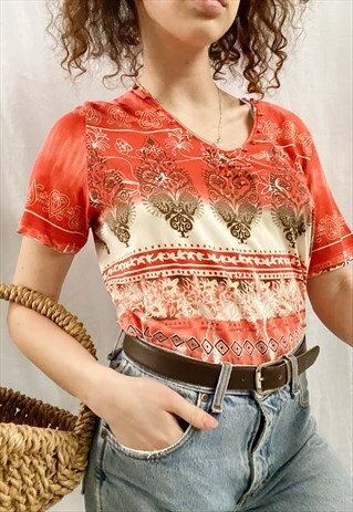 VINTAGE Y2K BOHO ETHNIC PRINT BEADED BLOUSE TOP TEE T-SHIRT