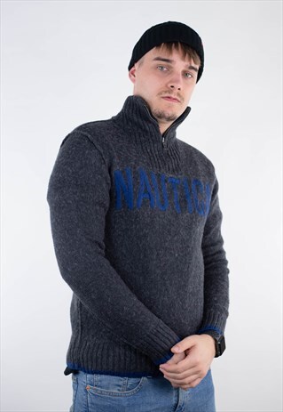 VINTAGE NAUTICA SPELLOUT WOOL EMBROIDERY 1/4 ZIP SWEATSHIRT