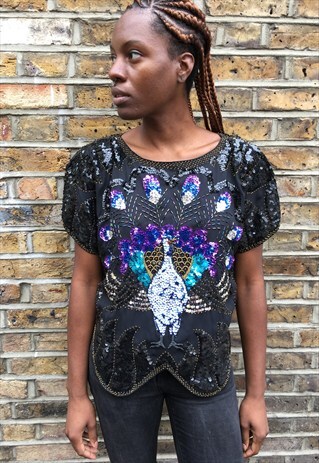 1980'S SEQUIN PEACOCK TOP