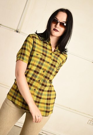 VINTAGE 70S RETRO PARIS CHIC TARTAN CHECKED PLAID SHIRT TOP