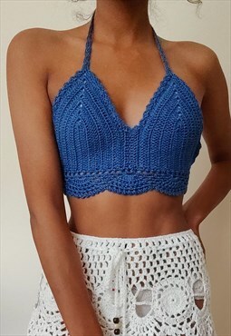 Elvinia Dark Blue Crochet festival tie back crop top 