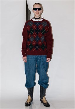 90's Vintage argyle print warm wool jumper in bloody red