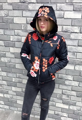 NAVY FLORAL HOODED PUFFA JACKET