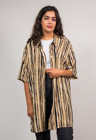 VINTAGE 90'S BEIGE STRIPED OVERSIZE SHORT SLEEVE SHIRT