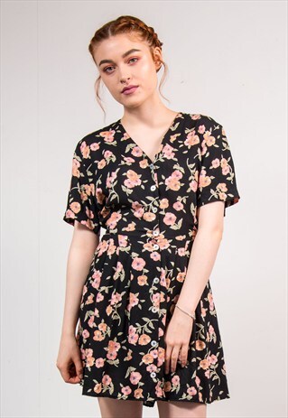 VINTAGE 90'S BLACK FLORAL PATTERN SUMMER MINI DRESS