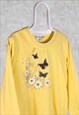 VINTAGE YELLOW BUTTERFLY SWEATSHIRT EMBROIDERED WOMEN'S XL