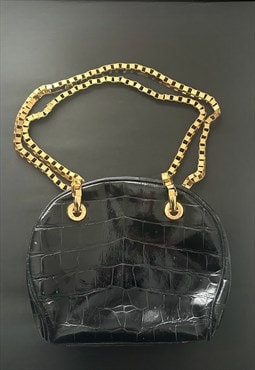 80's Gianfranco Ferre Vintage Black Moc Croc Gold Chain Bag