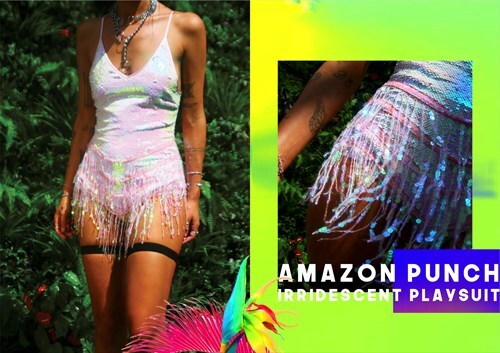 Pearlescent festival sequin playsuit with tassel fringing and halterneck shape elsie and fred
