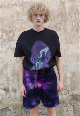 Tie-dye fleece shorts handmade abstract overalls in purple