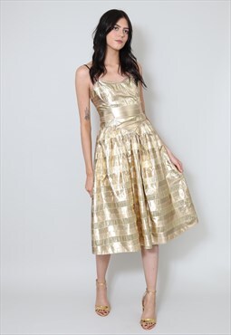 80's Ladies Vintage Dress Gold Metallic Cocktail Prom 