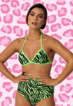 Neon Green tiger print sequin bikini top festival / rave wea