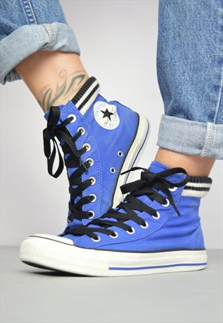 90S CONVERSE BLUE WITH BLACK & WHITE STRIPED JERSEY HI-TOPS