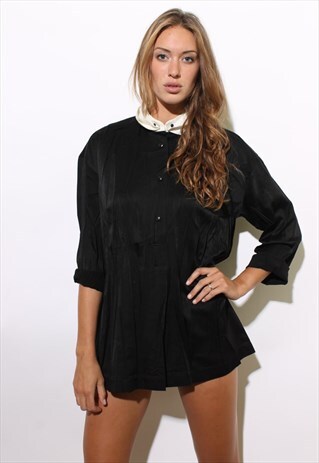 VINTAGE 1980'S 80'S CRINKLED BLACK SATIN TUXEDO TOP OS