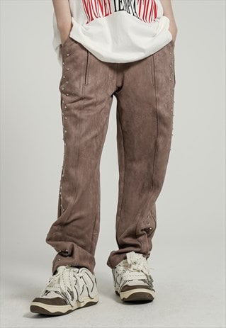 SUEDE LEATHER PANTS BEADS PATCH CARGO JOGGERS IN BROWN