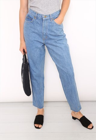 VINTAGE BLUE DENIM HIGH WAISTED RAW HEM MOM JEANS