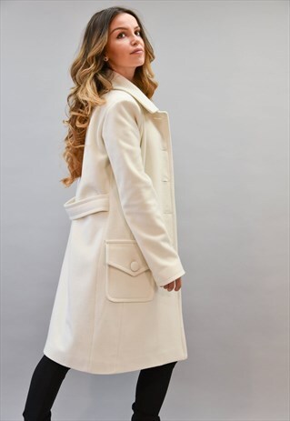 WHITE LINED CASHMERE WOOL SYMMETRICAL PATCH POCKET COAT