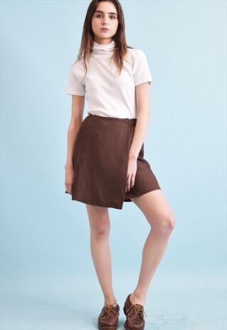 90'S RETRO LINEN WRAP UP ASYMMETRIC MOMS MINI SKIRT