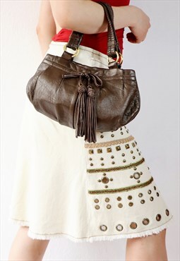 Vintage Bag Y2K Shoulder Bag Brown Leather Tasselled Handbag