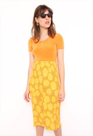 VINTAGE 90S ORANGE SUNFLOWER PRINT MIDI DRESS