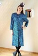 Blue and black floral long sleeve shirt style vintage dress