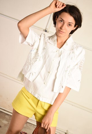 80'S RETRO FLORAL EMBROIDERED HANDMADE PARIS CHIC BLOUSE TOP