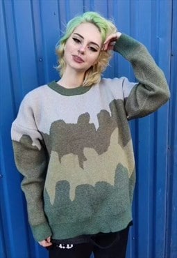 Abstract print sweater earth knitted camo jumper green