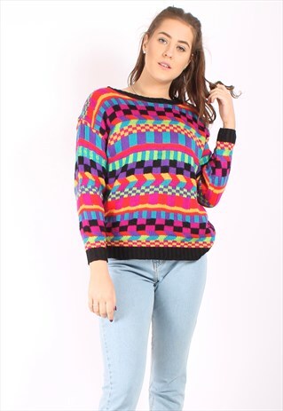 VINTAGE 80S SLOUCHY JUMPER IN NEON GEOMETRIC KNIT