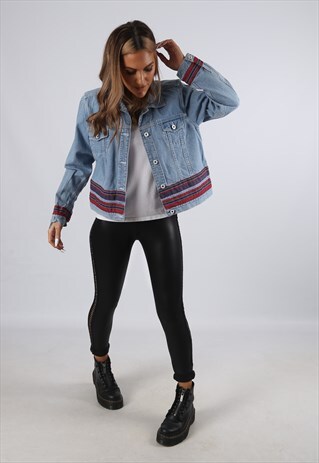 VINTAGE DENIM JACKET OVERSIZED EMBROIDERED UK 12 M (B4X)
