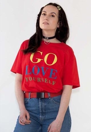 GO LOVE YOURSELF RED SHORT SLEEVE SLOGAN PRINT T SHIRT