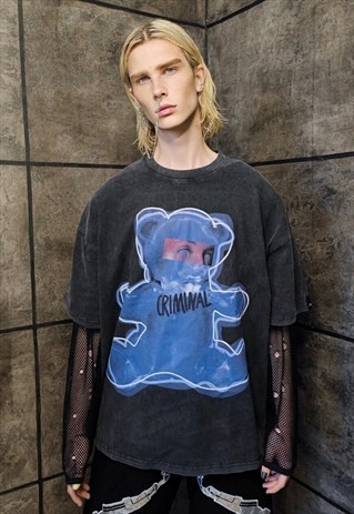 Grunge teddy t-shirt premium vintage wash bear tee in grey