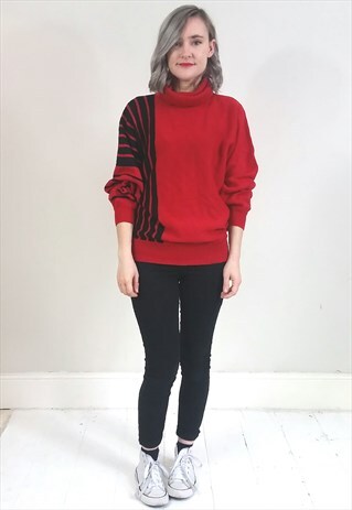 VINTAGE 80'S RED STRIPED SLOUCHY ROLL NECK JUMPER