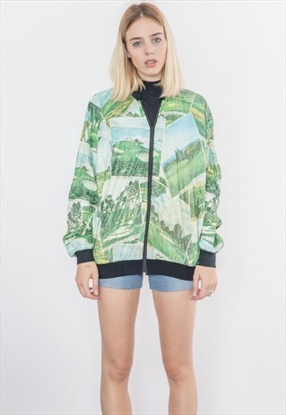 90S VINTAGE GREEN GOLF PRINT BOMBER JACKET