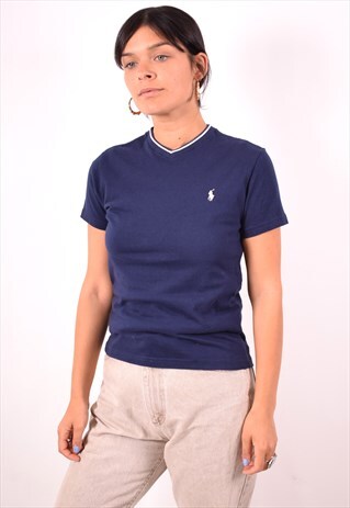 POLO RALPH LAUREN WOMENS VINTAGE T-SHIRT TOP SMALL NAVY BLUE
