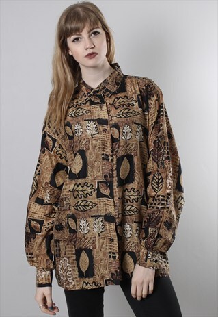VINTAGE 80S SILK PATTERNED BLOUSE SHIRT TOP