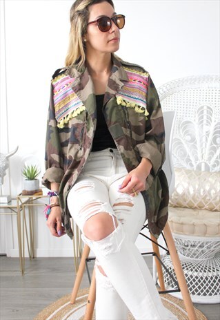 VINTAGE KHAKI JACKET MILITARY ETHNIC EMBROIDERY